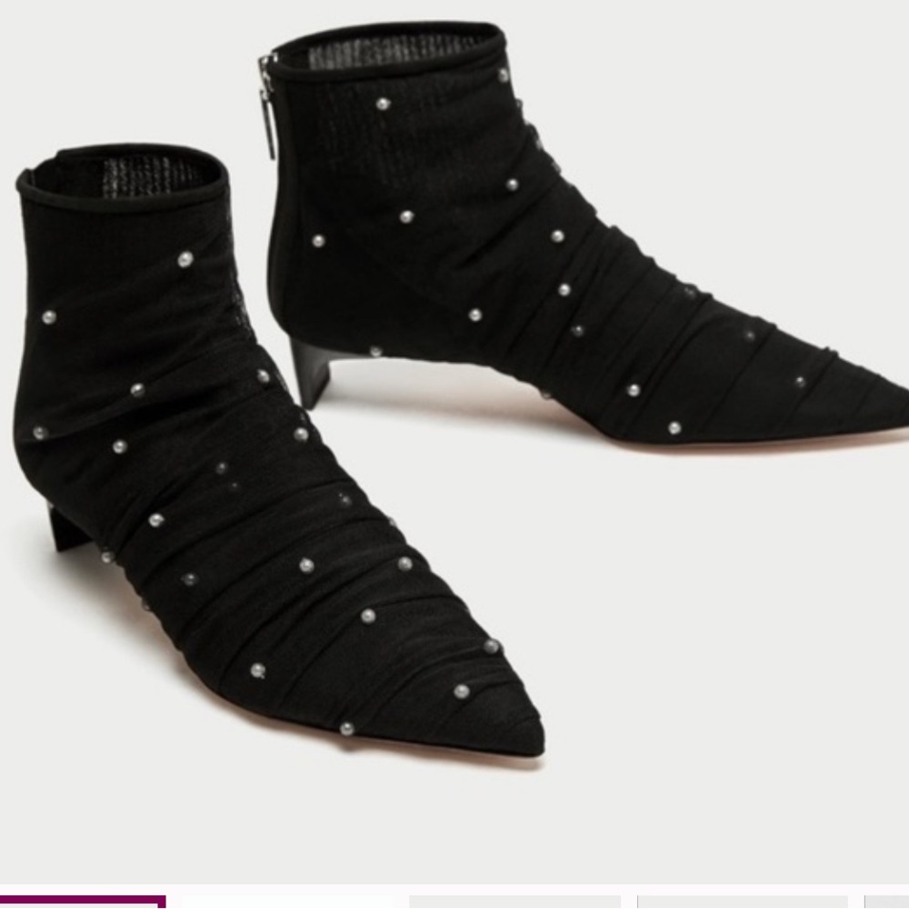 Zara tulle ankle boots with faux pearls.. black size 36
